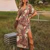 European and American autumn new fashion v-neck loose bohemian print split dress