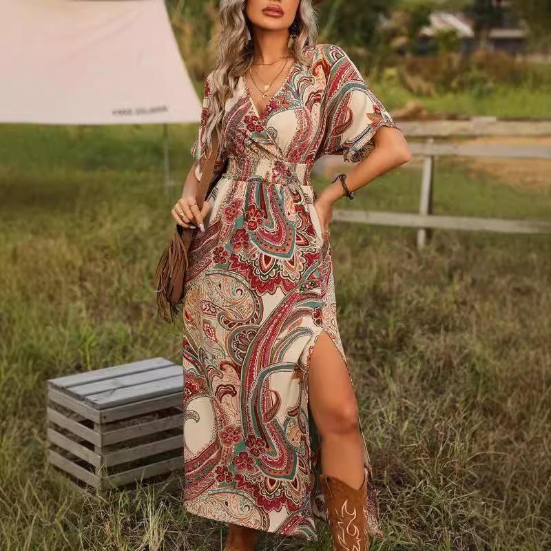 European and American autumn new fashion v-neck loose bohemian print split dress