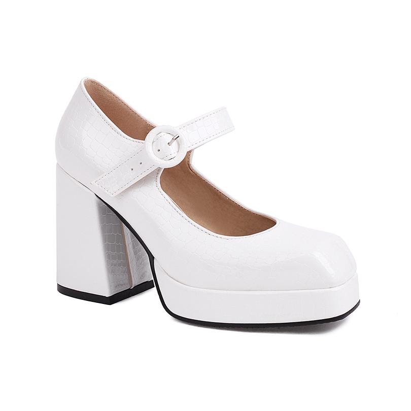Plus Size Gingham Glossy Patent Leather Material Shallow Round Buckle Women's Pumps Square Toe Platform Thick Heel High Heels