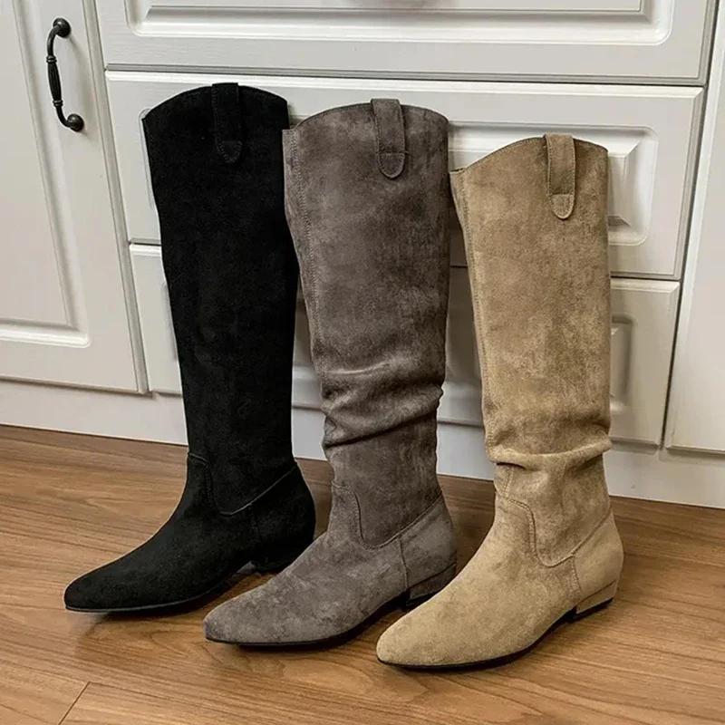 Vintage Women Western Knee High Boots Fashion Pleated Long Booties Concise Square Low Heels Shoes