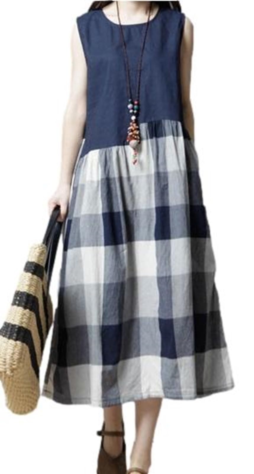 

Sleeveless Cotton Gingham Check Natural Large Navy [1/2style] Dress, Color, Women s (JP, Alphabet, M, Check)