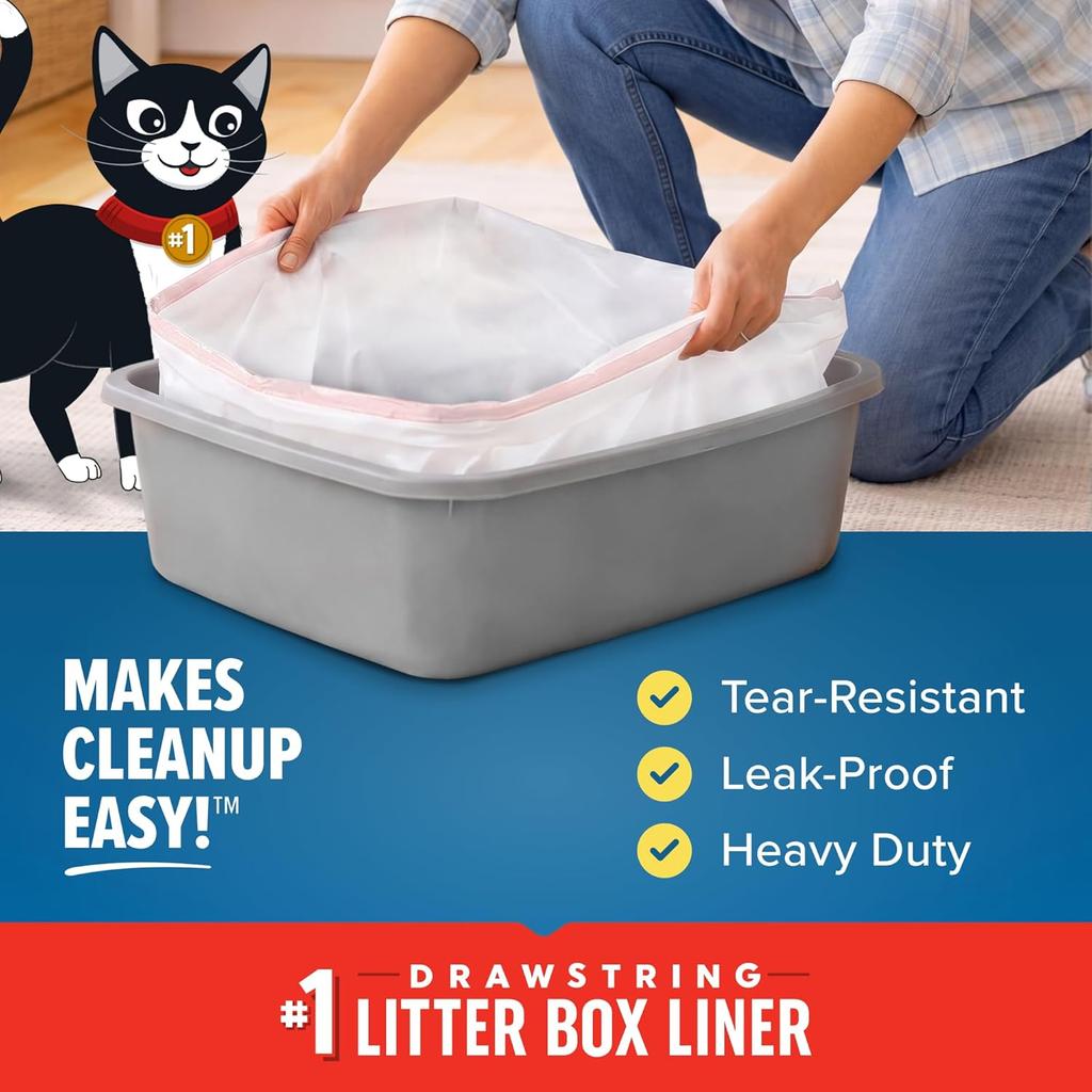 Litter Box Liners: Heavy Duty - Tear Leak Resistant - Drawstring Close - Jumbo 15 Count