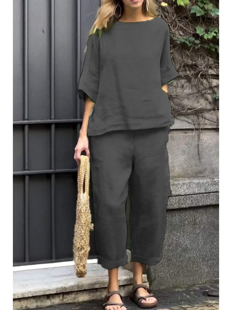 

Летний женский комплект из 2 предметов из хлопка и льна больших размеров 2024 г.: Свободная рубашка и брюки с высокой талией 5XL темно-серого