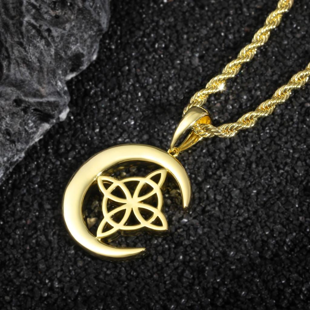 Viking Style Brass Celtic Trinity Knot Moon Pendant Necklace Jewelry