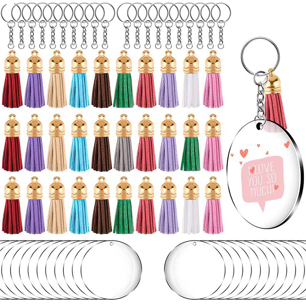 120pcs Key Chain Transparent Blank Craft Keys Leather Tassel Ornaments Christmas Halloween Thanksgiving Birthday