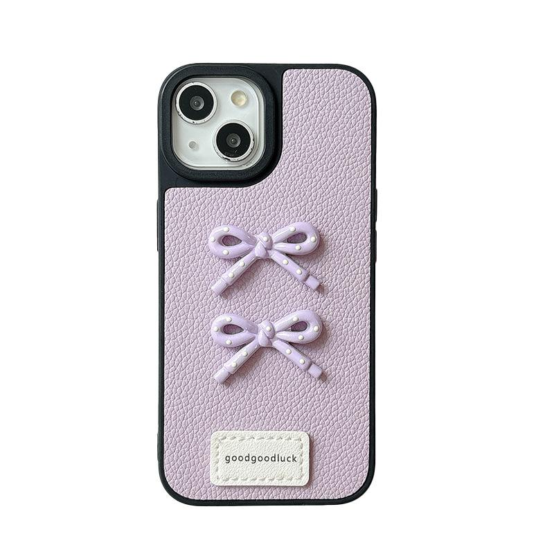 Apple 16 Leather Solid Color Mobile Phone Case Simple Application Iphone15Promax Bow 17 Women'S Internet Celebrity 14