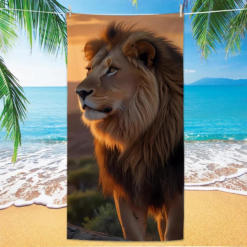 

New Lion Beach Towel Microfiber Digital Print Sunproof Shawl Extra Large Towel for Camping Gym Bold Lion Design W30*H60(CM)