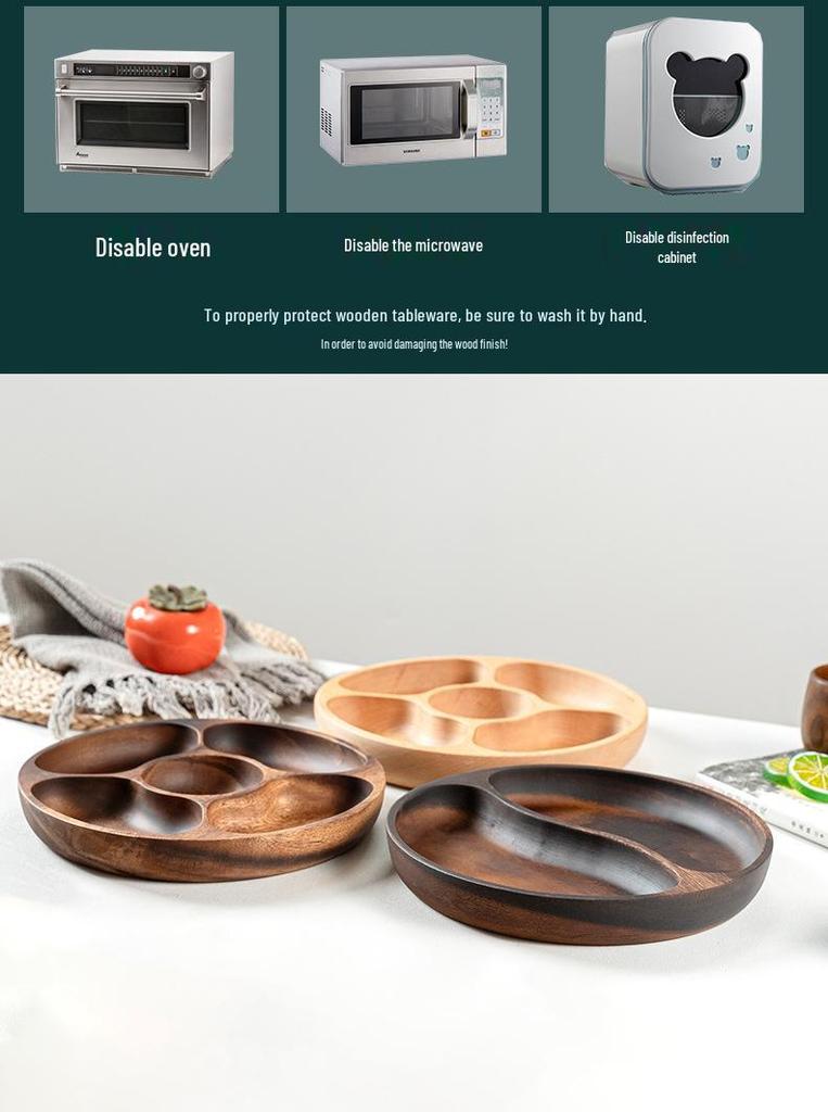Japanese Style Solid Wood Round Fruit Plate with Five Compartments - Ideal for Snacks and Dried Fruit