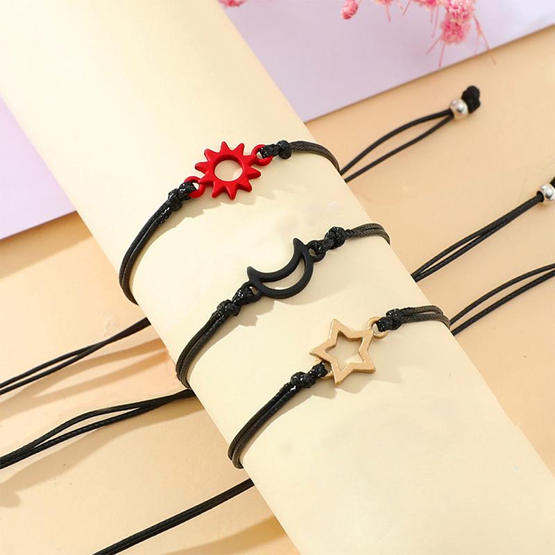 2025  Friendship Card Bracelet Able And Personalized Alloy Oil Drop Sun Moon Star Wax Rope Woven Bracelet 3-Piece Set