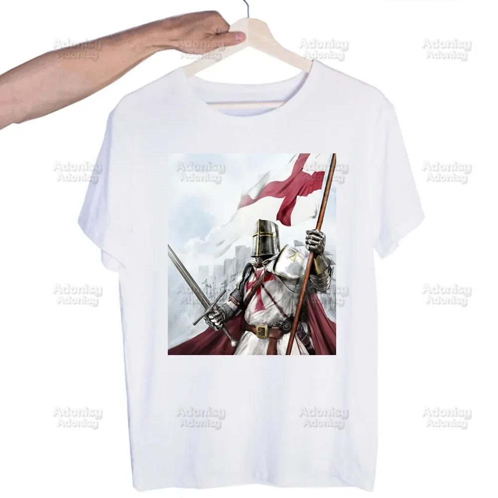 Medieval Knights Templar Printed T Shirt Men Retro Washed Tops Tees Harajuku Tshirt Streetwear Hip Hop Male T-shirts