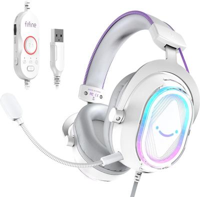 FIFINE Gaming USB Wired Audio Balance Surround Compatible with Gaming and Live Controllable RGB Detachable White Headphones Headset, Connection,
