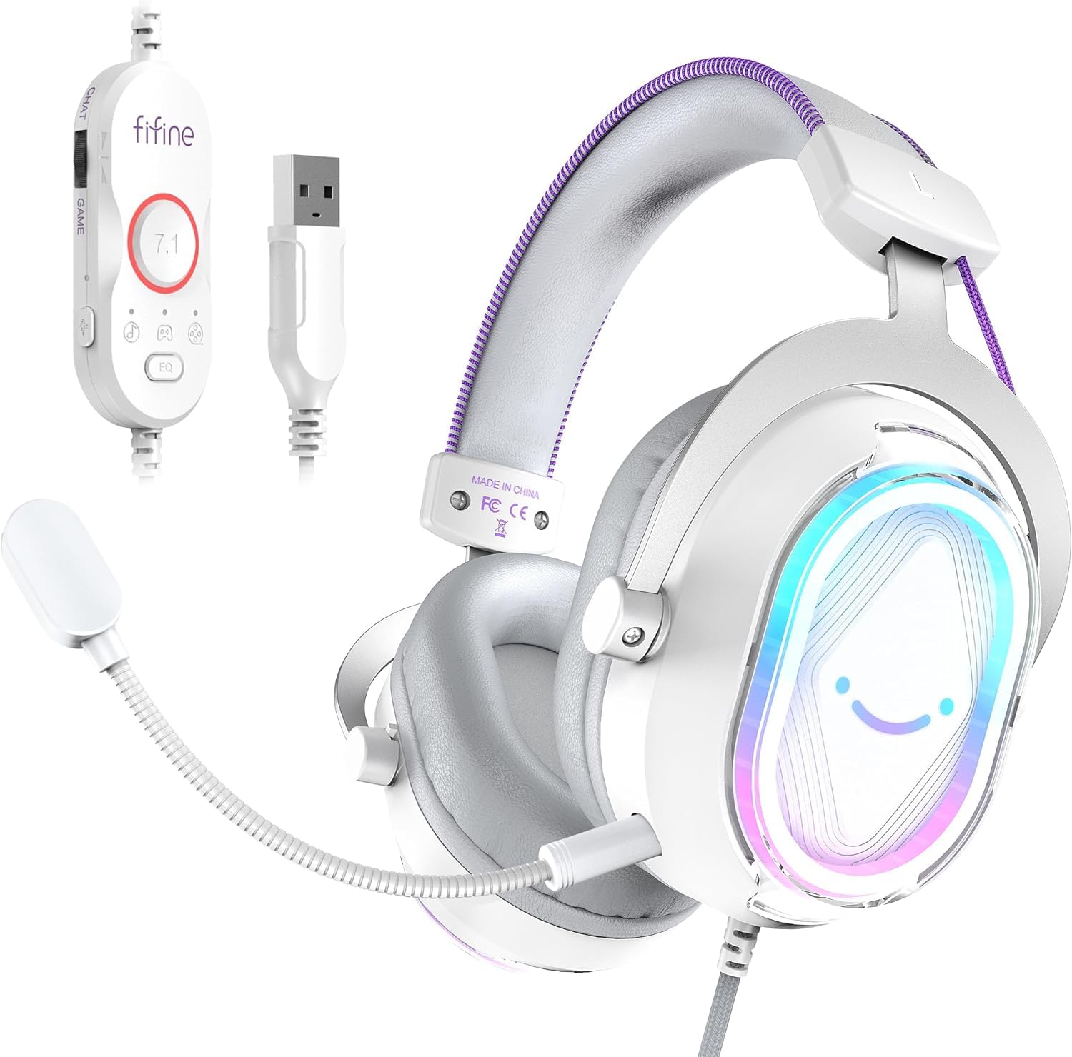 

FIFINE Gaming USB Wired Audio Balance Surround Compatible with Gaming and Live Controllable RGB Detachable White Headphones Headset, Connection, белый