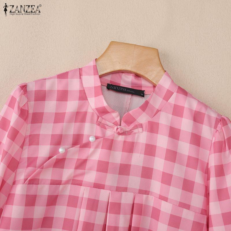 ZANZEA Women Casual Stand Collar 3/4 Sleeve Grid Print A-line Dress