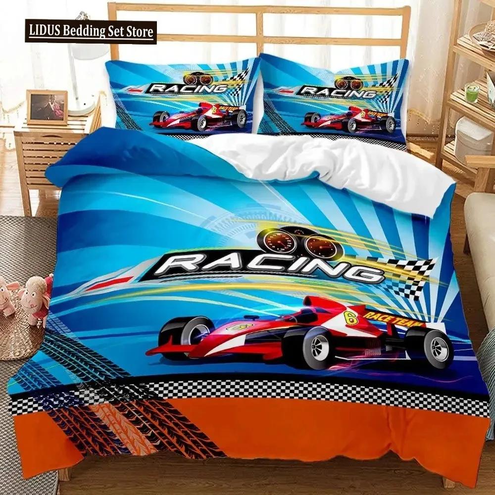 Racerbil Påslakanset King Queen Twin Storlek Röd Flamma Täcke Överdrag 3D Sportbilstema För Pojkar Flicka Polyester Sängkläder Set