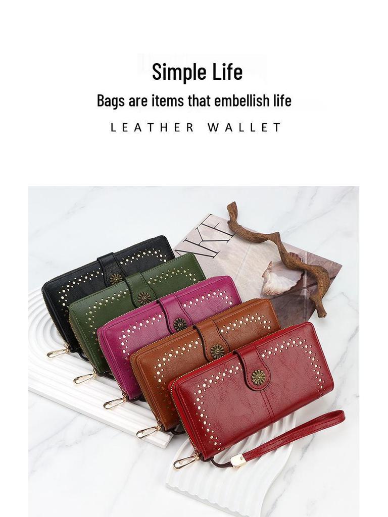 Women's Oil Wax Leather Zipper Wallet with Coin Purse & ID Holder