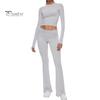 2 Pcs/Set Women Top Pants Suit Skinny High Waist O Neck Long Sleeves Pure Color Stretchy Soft Breathable Yoga Bell Bottoms T-shirt Set Spring Summer