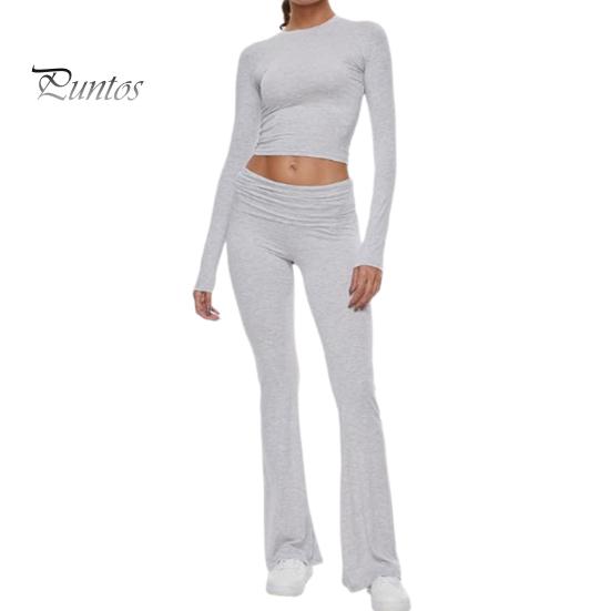 2 Pcs/Set Women Top Pants Suit Skinny High Waist O Neck Long Sleeves Pure Color Stretchy Soft Breathable Yoga Bell Bottoms T-shirt Set Spring Summer