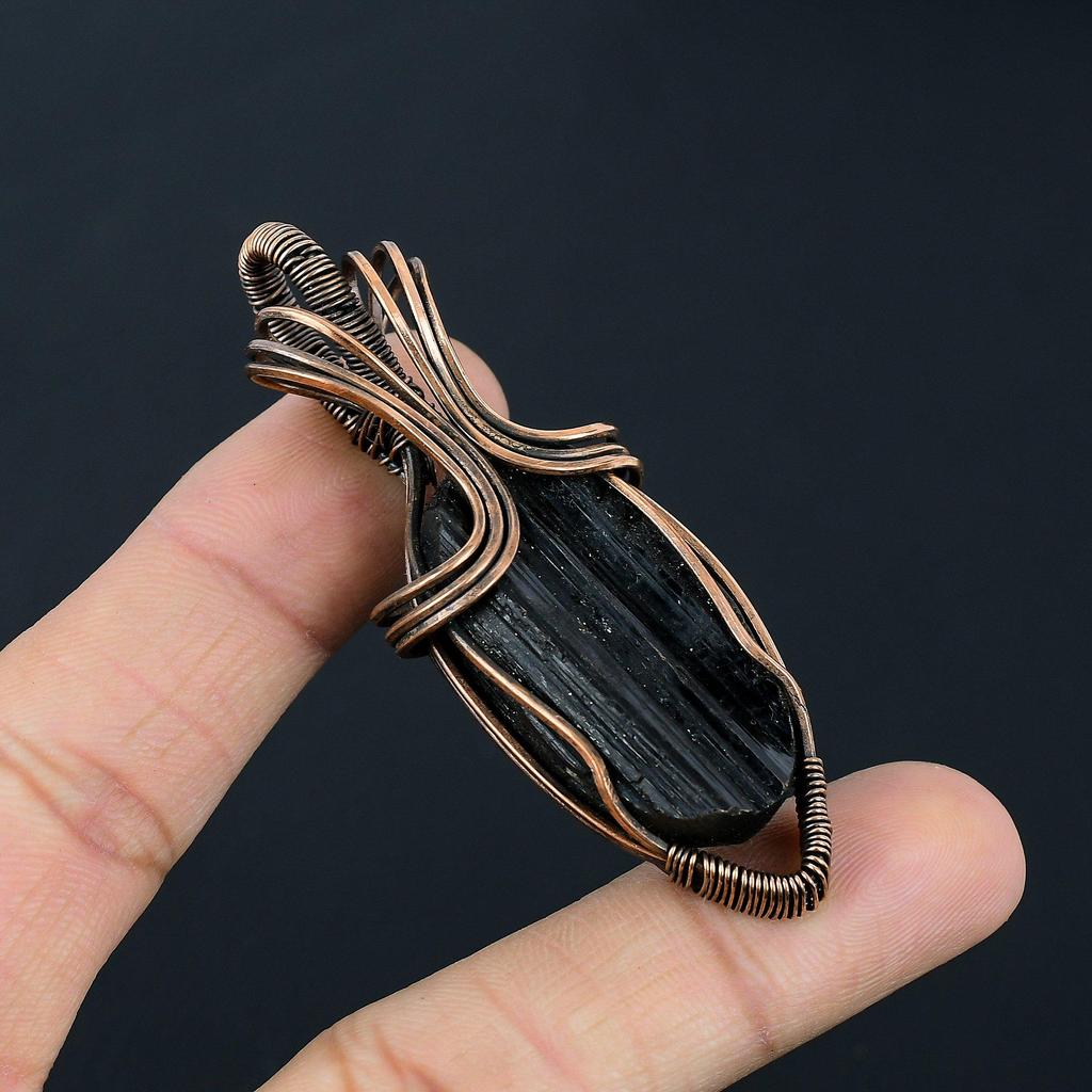 Black Rutile Gemstone Handmade Pure Copper Wire Wrap Jewelry Pendant For Women