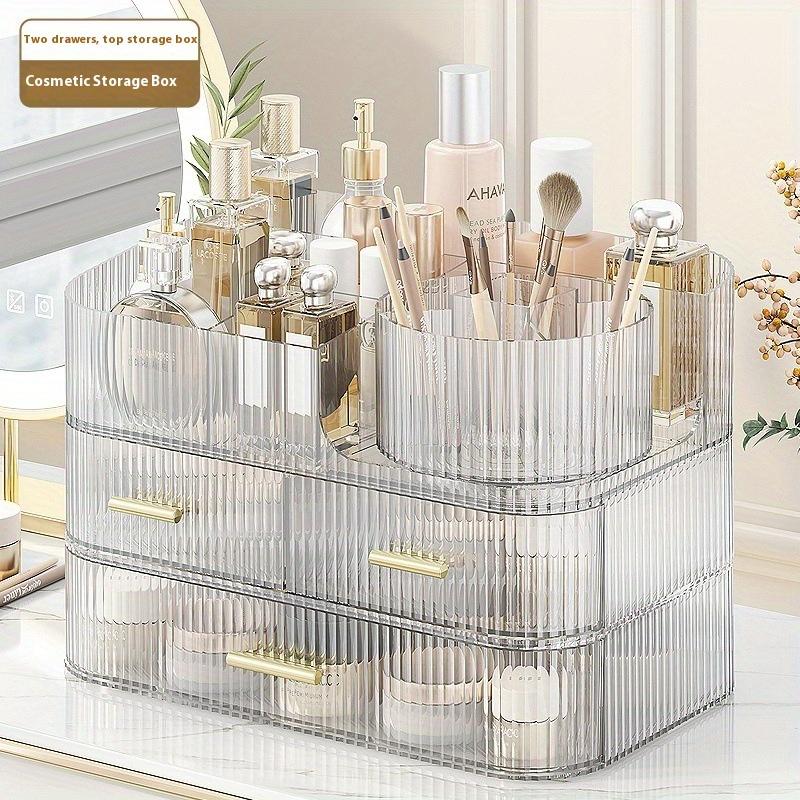 360° Rotating Makeup Organizer with Drawers, Large Clear Cosmetic Storage Box for Vanity Table, Multi-Layer Skincare & Makeup