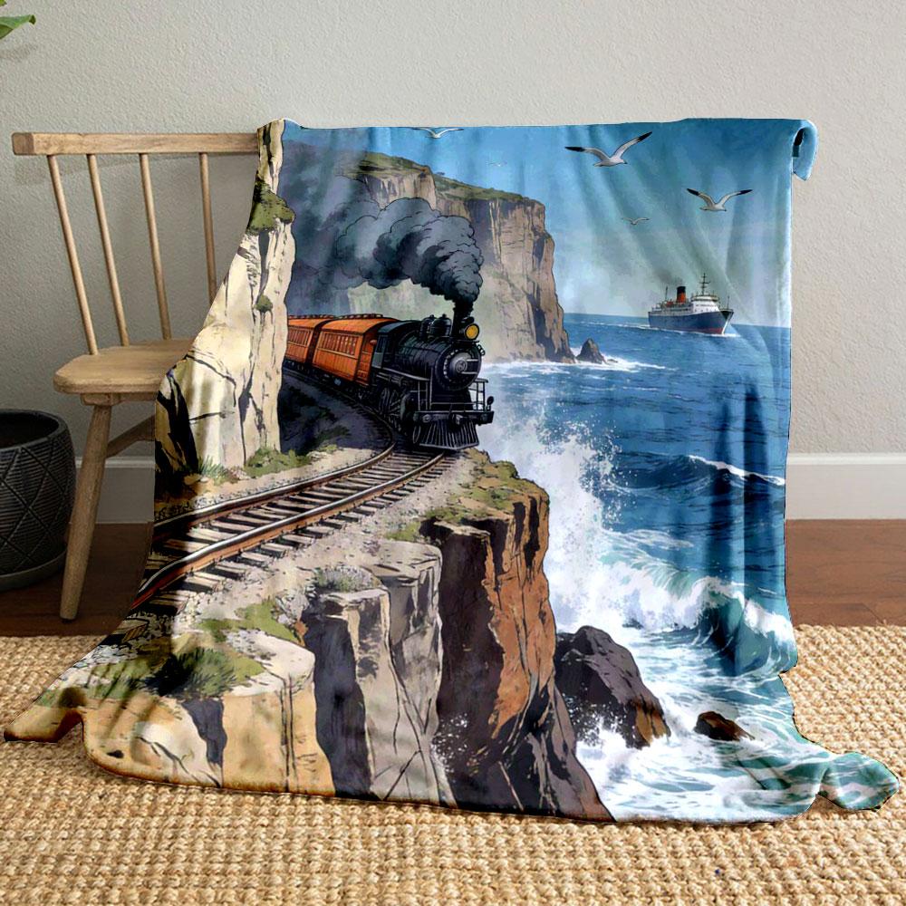 Multi Size Retro Steam Locomotive Print Blanket Home Travel Camping for Adults and Kids Luxury Gifts  Picnic Blanket