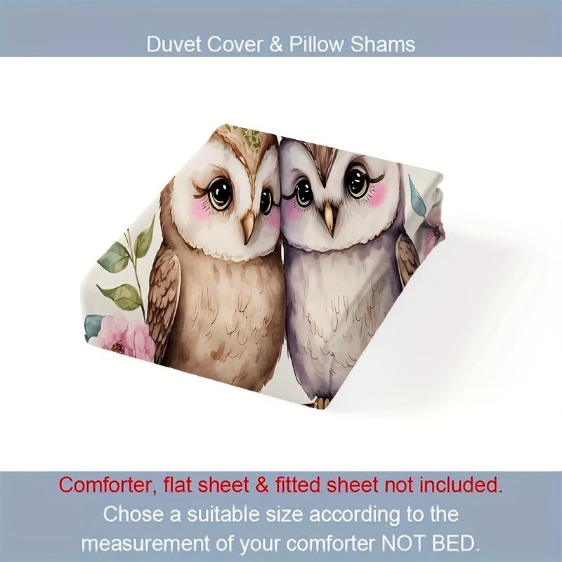 2/3pcs Set Fresh and Loving Two Love Owls Perched on Pink Flower Branches Bird-themed Bedding Set Digital Print Quilt Cover Set