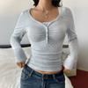 Y2K Knopf Einfarbig Langärmliges Unterhemd T-Shirt Damen Herbst und Winter V-Ausschnitt Slim Stretch Oberteil