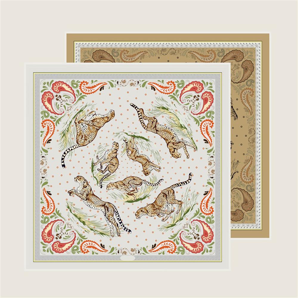 POBING Manual Hand Rolled Twill Silk Scarf Women Leopard Double Print Square Scarves Wraps Echarpes Foulards Femme Hijab 90CM