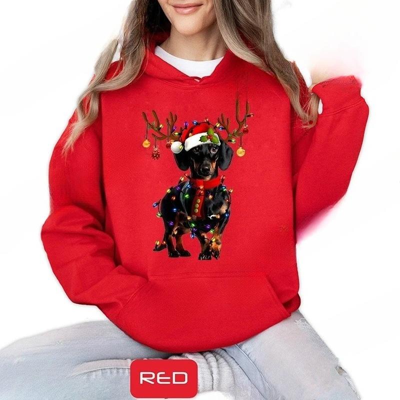 

Рождественская толстовка с капюшоном с принтом таксы Счастливого Рождества Женские свободные флисовые худи Рождественская собака Мультяшная аниме толстовка Одежда 3XL