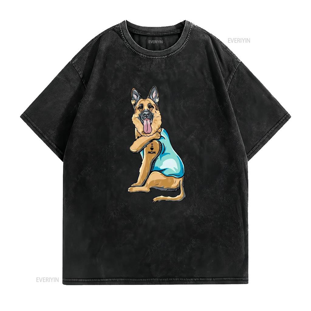 Funny Cartoon GerUnisex Shepherd I Love Mom Tattoo Print Casual T Shirt vintage Washed homme graphic designer clothes Stylish