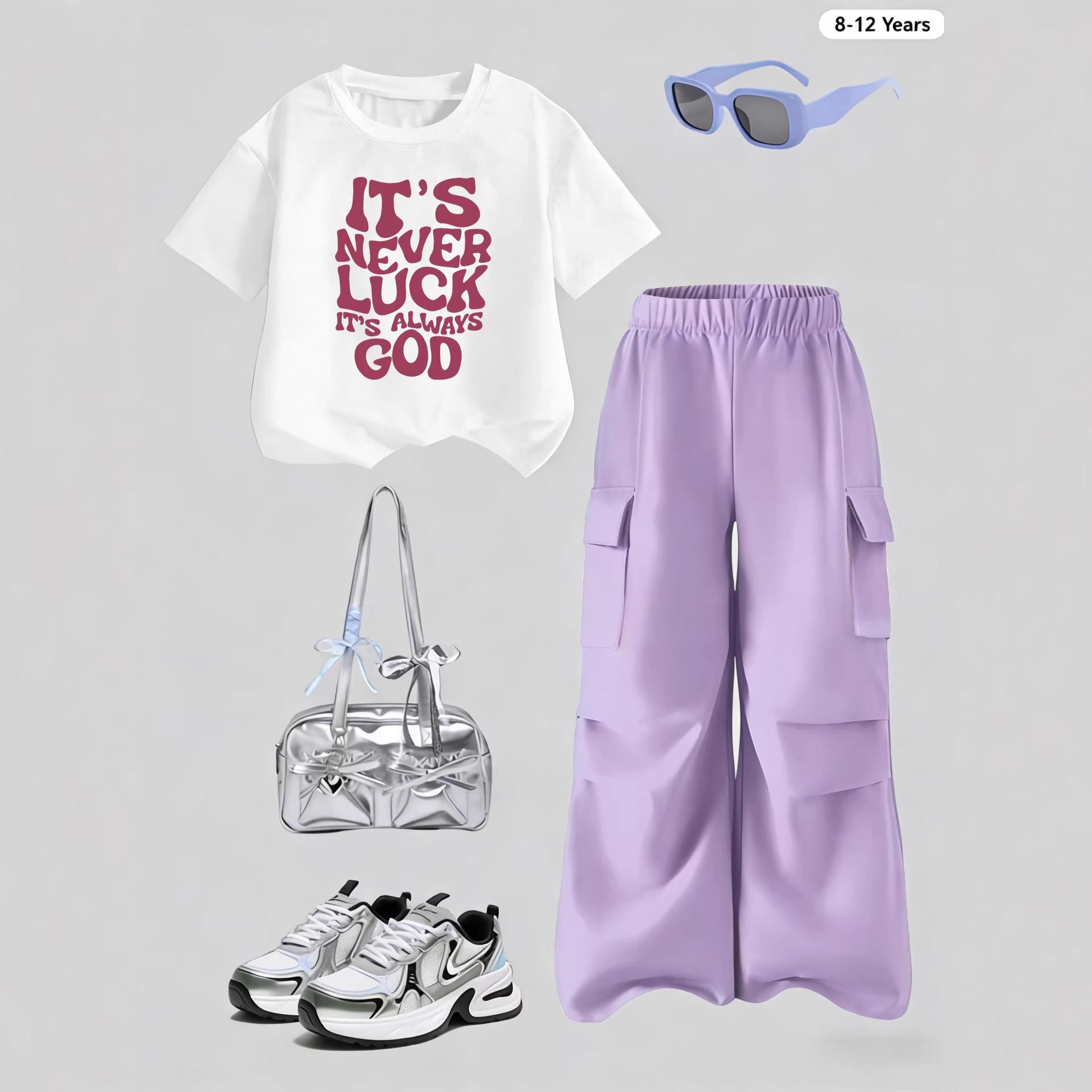 Girls Casual Short-sleeved Work Pants Set for Summer Children s Fashionable Two-piece Set 8Y