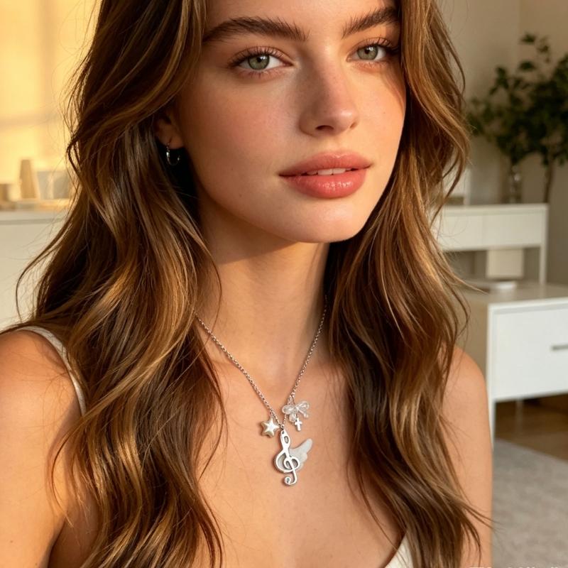 Vintage Angel Wing Music Note Necklace For Girls Sweet And Romance Design Lightweight Alloy Clavicle Chain Jewelry