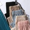 Women's Pleated Loose Ice Silk Korean Casual Cropped Pants Wide Leg Trouse Home Classic Sports Wear Girls Clothes Black Top