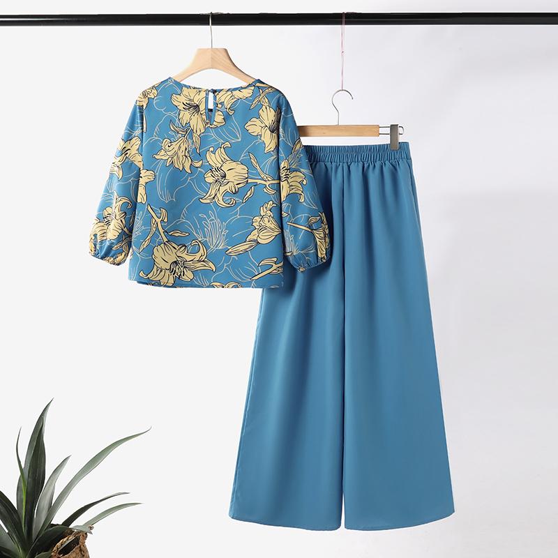 

ZANZEA Женская блузка с принтом и широкие брюки повседневные комплекты из двух предметов L синий
