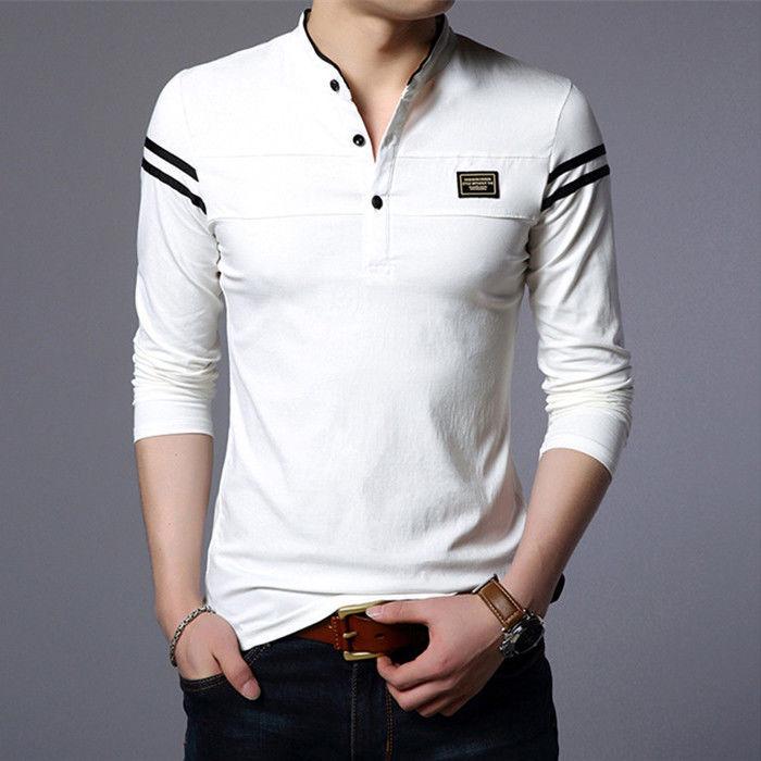 Men's Slim Fit Stand Collar Polo Shirt - Solid Color Long Sleeve for Spring & Autumn