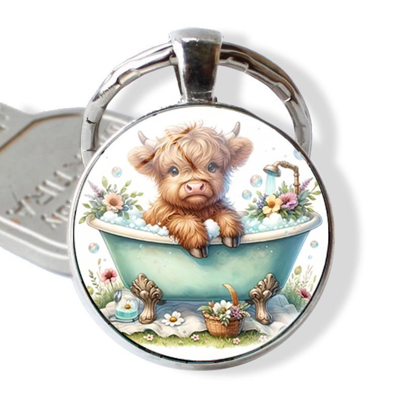 Highland Rose Cow Embossed Keychain with Gem Alloy Pendant