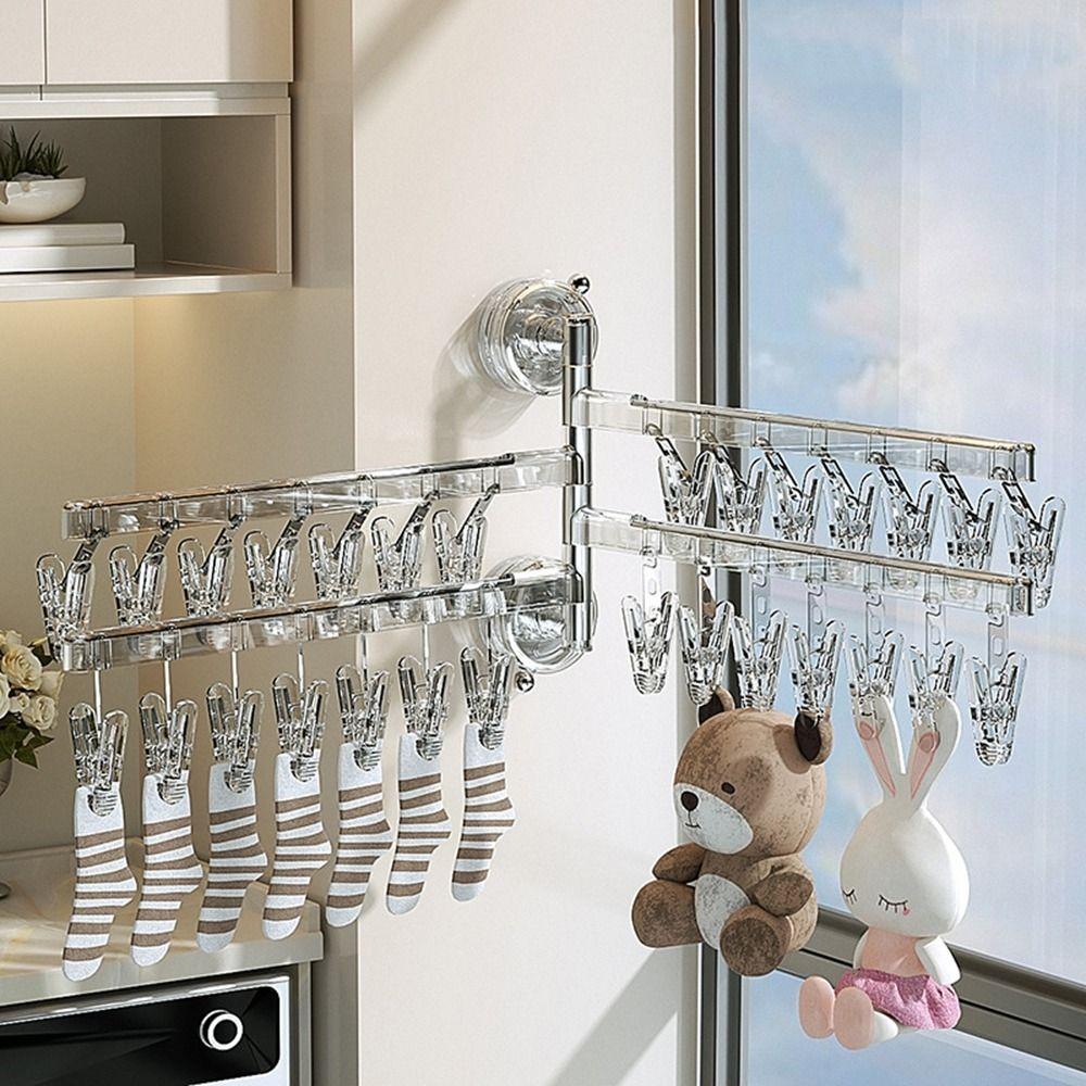 

Wall-mounted Socks Drying Rack Anti-slip Sock Clip Hanger Suction Cup Folding Sock Clip for Home Transparent-3 Bars