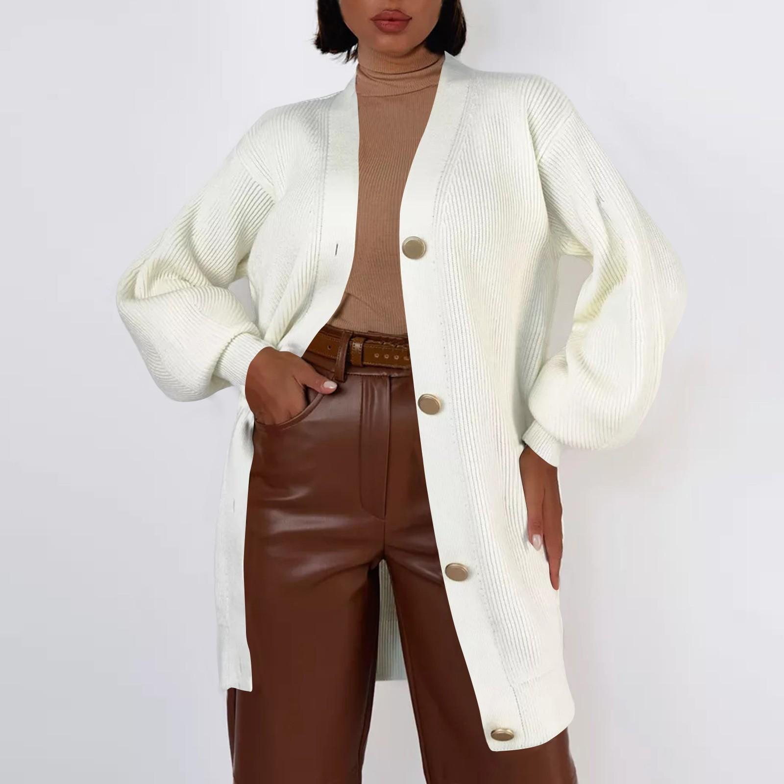 

Женский однотонный повседневный вязаный кардиган с карманом средней длины, свободный свитер с V-образным вырезом и металлическими пуговицами, куртка-свитер XL белый