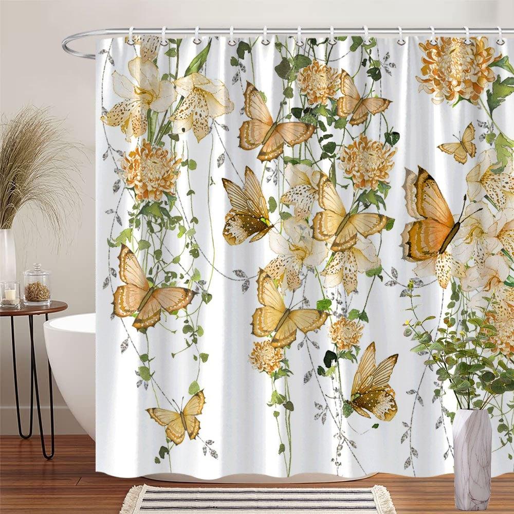 1 Yellow Butterfly and Light Yellow Flower Shower Curtain - with Green Vines, Polyester Fabric, with Hooks, Machine Washable 90X180cm