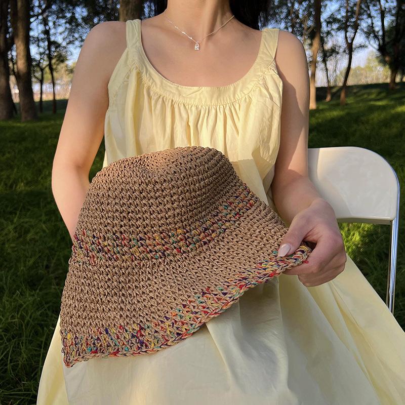 

Супер красивая вязаная крючком панама, пляжная, солнцезащитная, соломенная шляпа, женская, весенне-летняя, дышащая шляпа-ведро Adult (56-58cm) хаки