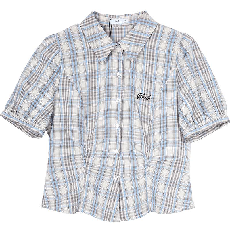 

Betu Women s Summer Plaid Pleated Waist-Cinching Short Sleeve Shirt S