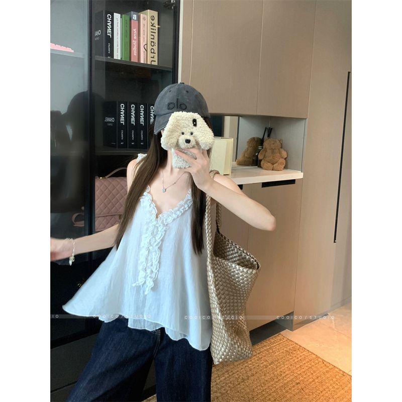 Kumikumi Sweet Style Wooden Ear V-neck Cami Women clothes Summer Chic Chic All-Match Sleeveless Top