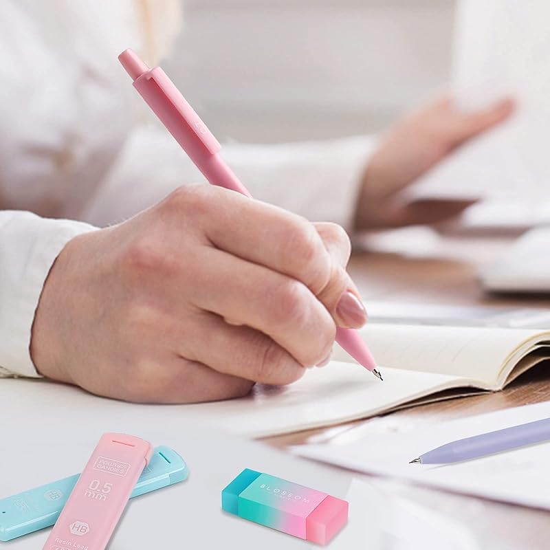 deli Set of 6 colored mechanical pencils 3 pastel mechanical pencils 0.5mm 0.7mm Comes with 6 HB resin cores 3 erasers 9 cap erasers Cute mechanical