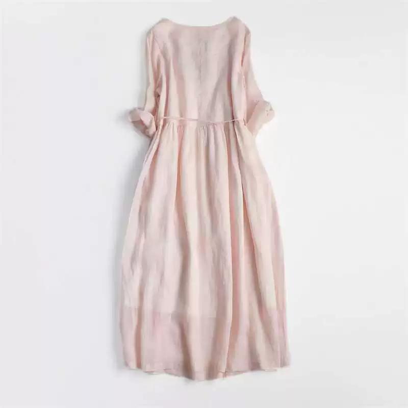 Spring and Summer Round Neck Ramie Embroidery Solid Color Literary Dress Lace-up Waist Thin and Elegant Fairy Beauty Long Skirt