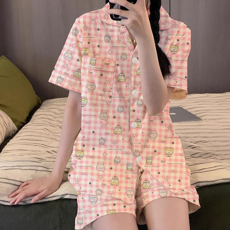 Cute Self-Deprecating Bear Pajamas Women'S Summer Short-Sleeved Sweet Pink Plaid High-Value Loungewear Suit
