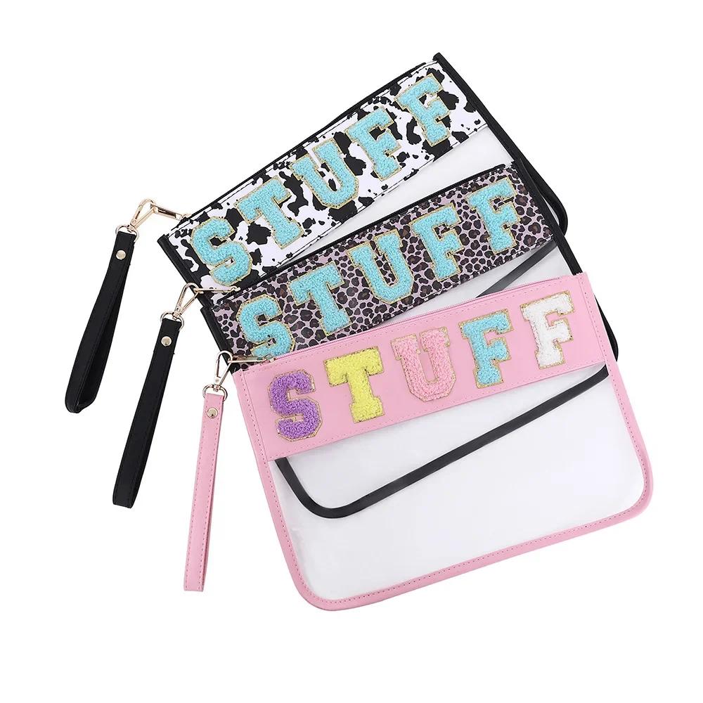 PVC Clear Letter Wash Cosmetic Bag Travel Snack Bag Clear Letter Embroidered Bag for Travel Beach Portable Toilet Storage