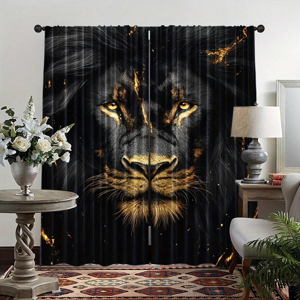 Set Of 2 Bohemian-Inspired Abstract Black And Golden Lion Design Curtains | 100%, Light-Filtering, Rod Pocket Design