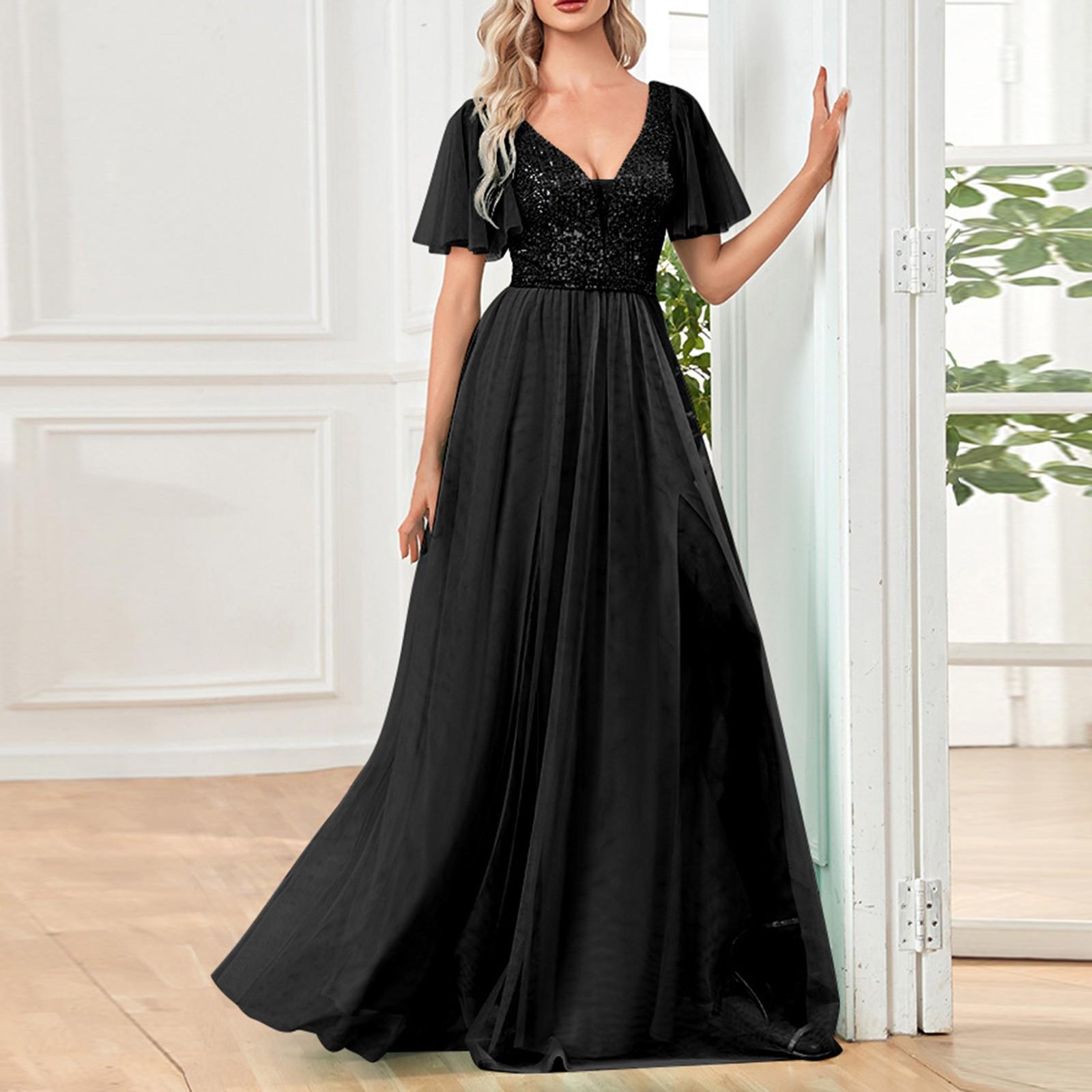 

Вечернее платье Банкетное сетчатое длинное платье-халат с V-образным вырезом Сексуальное длинное платье с короткими рукавами L чёрный