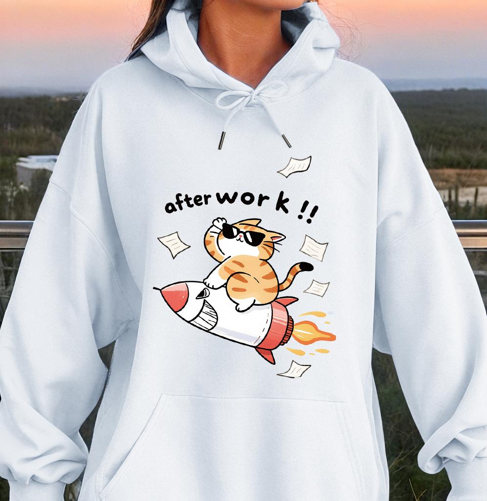 Creative After Work Rocket Cat Design Unisex Hoody Cartoons Creativity Clothing Warm  Soft Sportswear Crewneck  Basic Clothes
