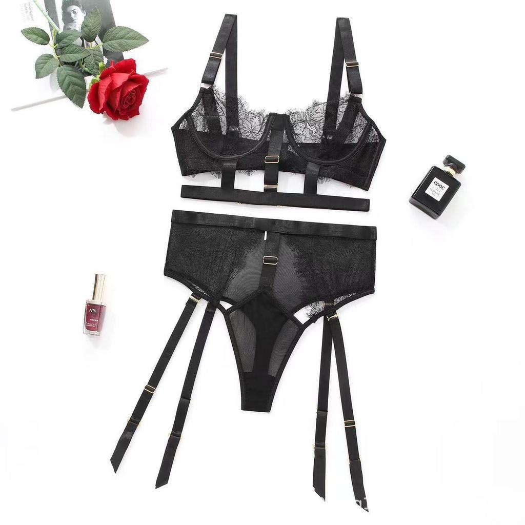 Lace Underwire Sexy Three-Piece Lingerie Set with Slit