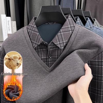 Men's Winter Plus Velvet Wool Blend Layered Shirt and Knit Sweater